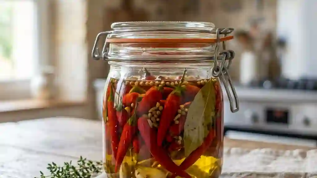 Piments croquants infusés à l'huile d'olive - Photo de présentation