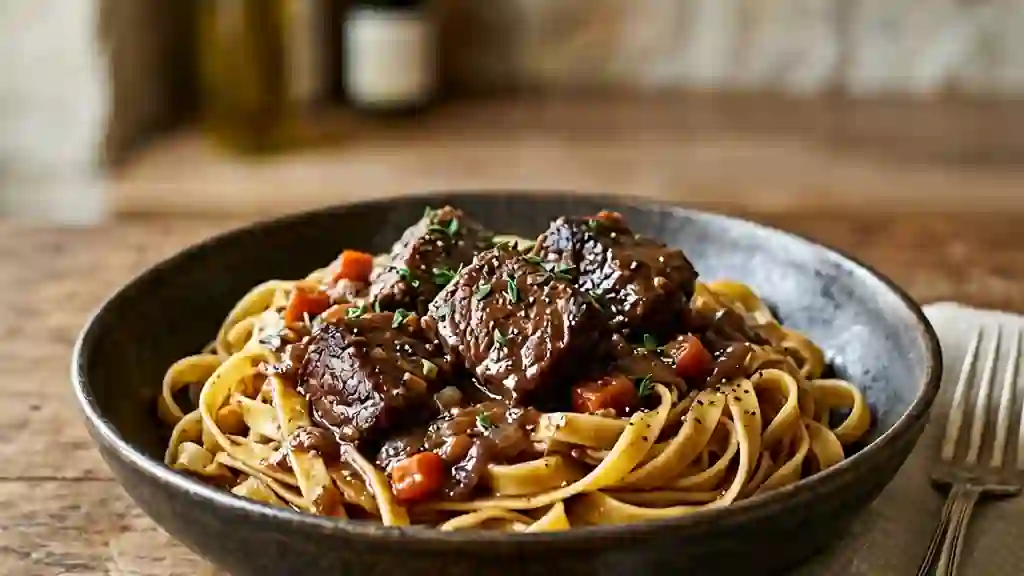 Bœuf confit au vin rouge et pâtes fraîches - Photo de présentation
