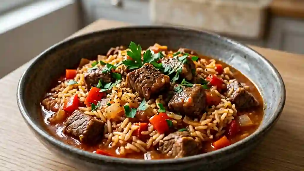 Bœuf fondant au riz épicé et poivrons - Photo de présentation
