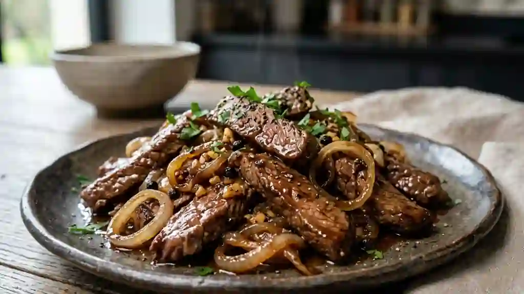 Bœuf sauté au poivre noir et oignons fondants - Photo de présentation