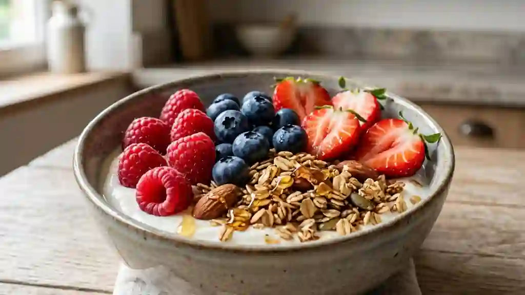 Bol de fruits rouges au granola croustillant - Photo de présentation
