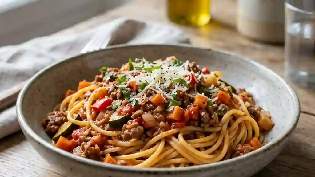 Spaghetti bolognaise fondante aux légumes croquants - Photo de présentation