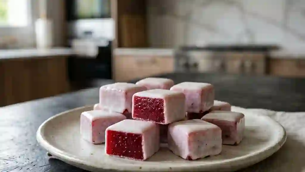 Cubes fondants aux fruits rouges et blanc glacé - Photo de présentation