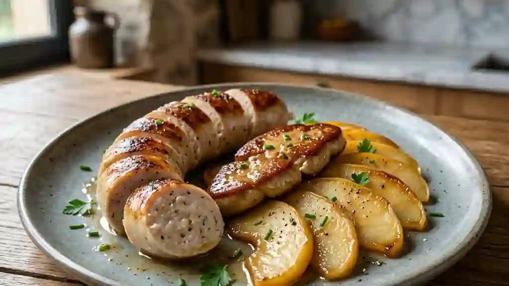 Boudin blanc doré, pommes et foie gras onctueux - Photo de présentation