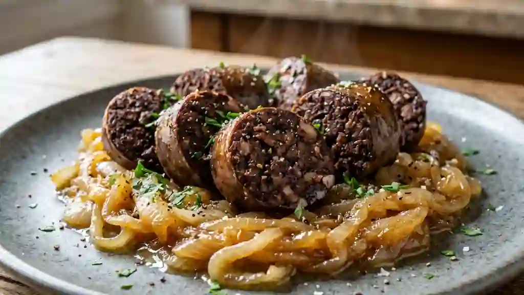Boudin noir croustillant et oignons fondants - Photo de présentation