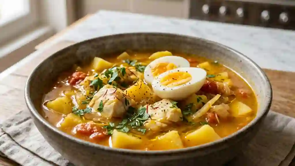 Bouillabaisse fondante de pommes de terre et œufs - Photo de présentation