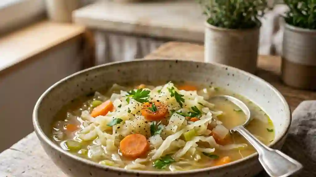 Bouillon de chou fondant et légumes croquants - Photo de présentation