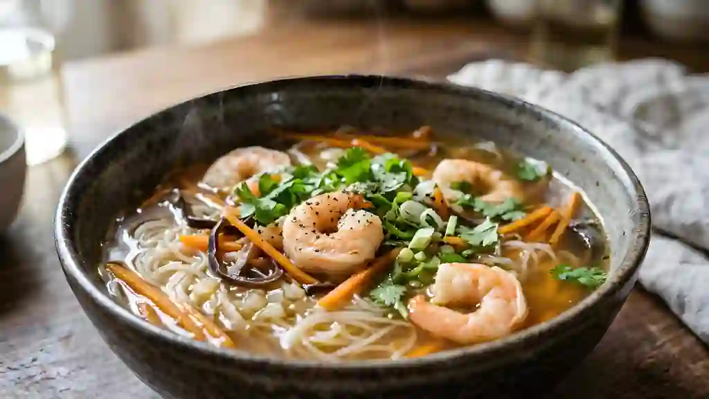 Bouillon de crevettes aux vermicelles et champignons - Photo de présentation