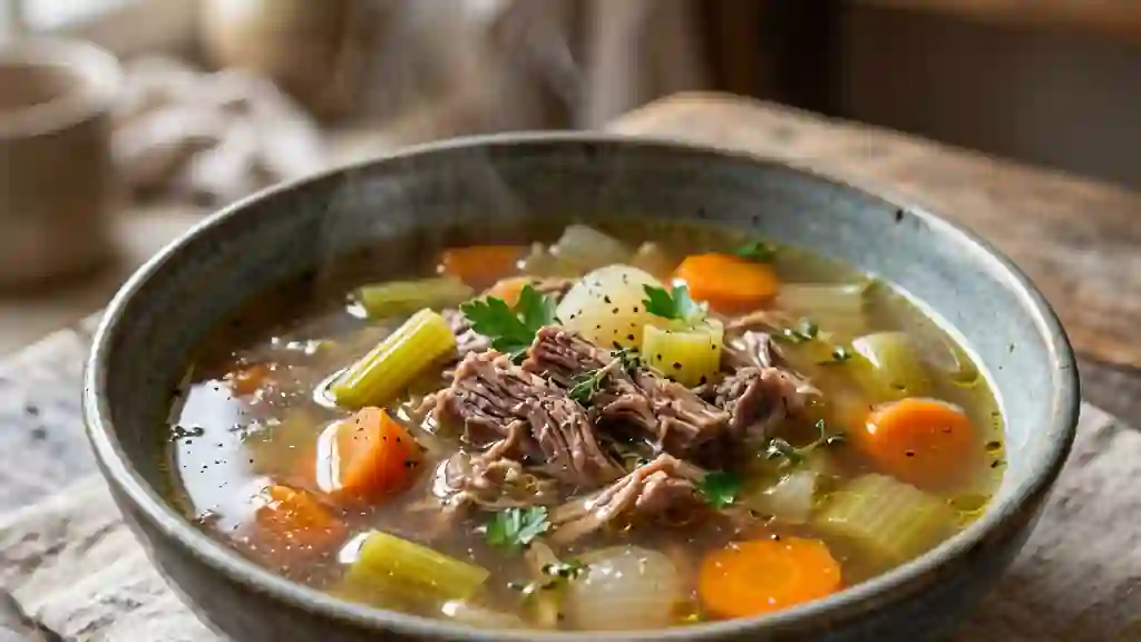 Bouillon de boeuf réconfortant aux aromates - Photo de présentation