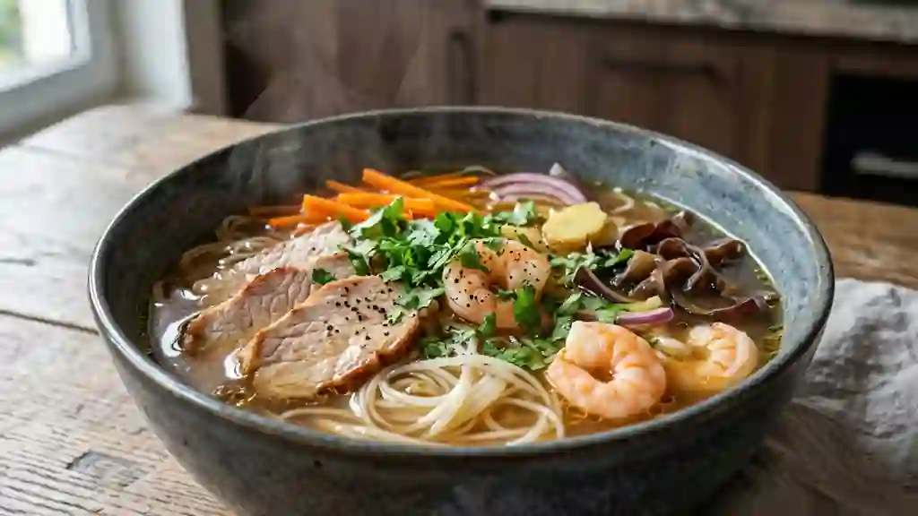 Bouillon parfumé au porc, crevettes et nouilles - Photo de présentation