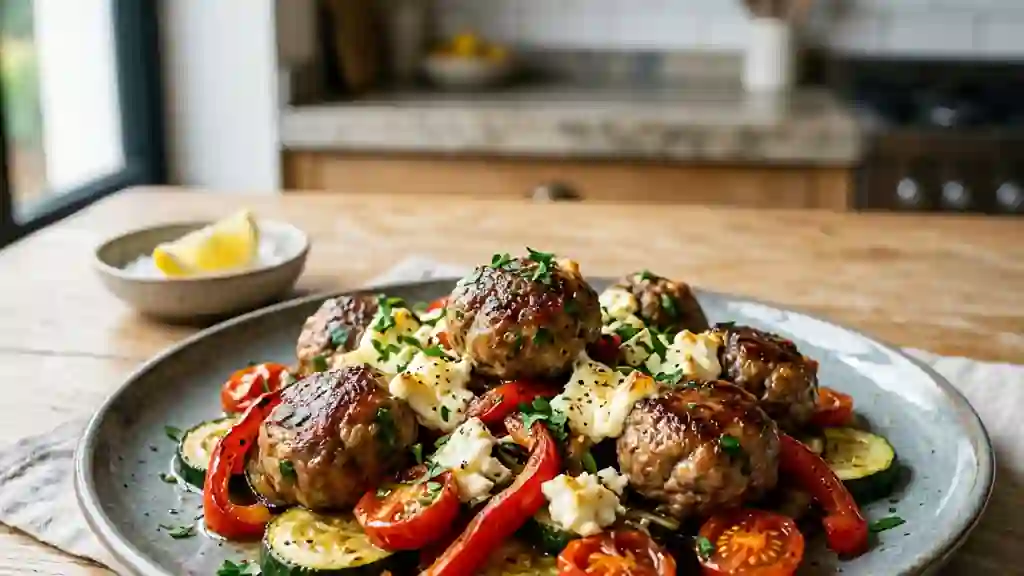 Boulettes de bœuf fondantes et légumes grillés - Photo de présentation