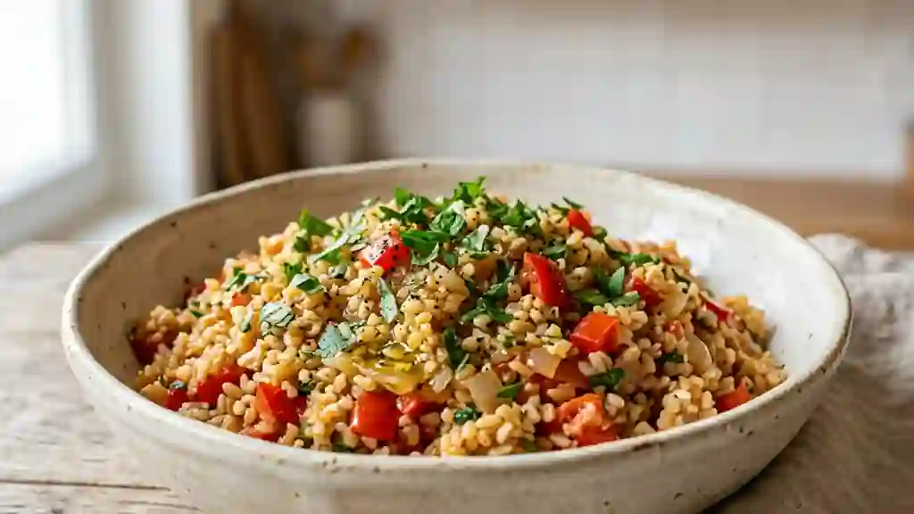 Boulgour fondant aux légumes et herbes fraîches - Photo de présentation