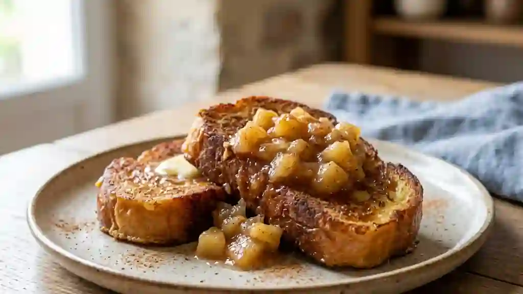 Brioche perdue caramélisée, compote à la cannelle - Photo de présentation
