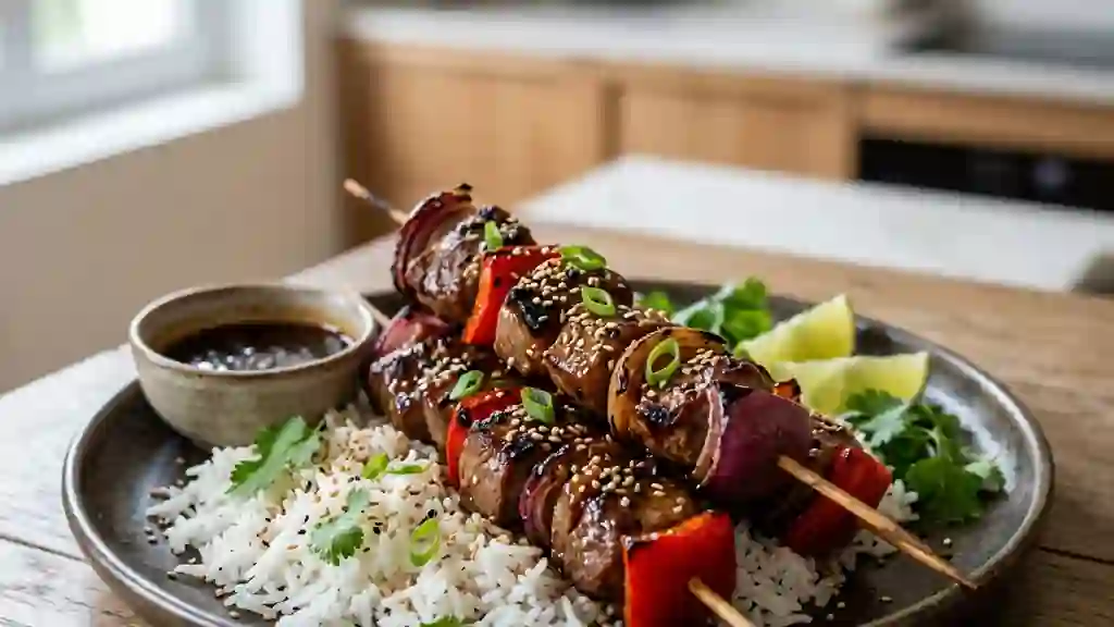 Brochettes d'agneau laquées au miel et sésame - Photo de présentation