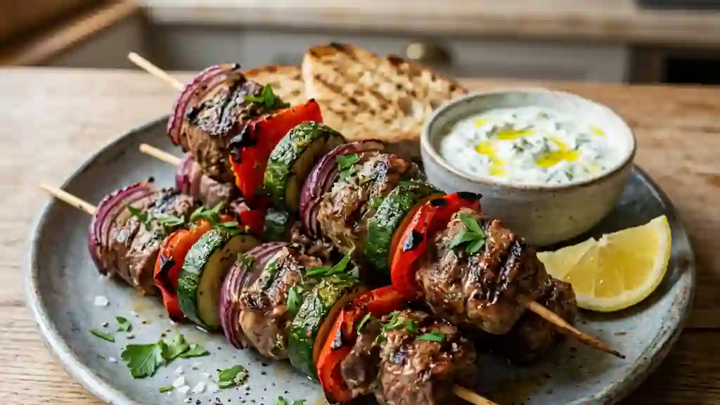 Brochettes d'agneau marinées et légumes croquants - Photo de présentation