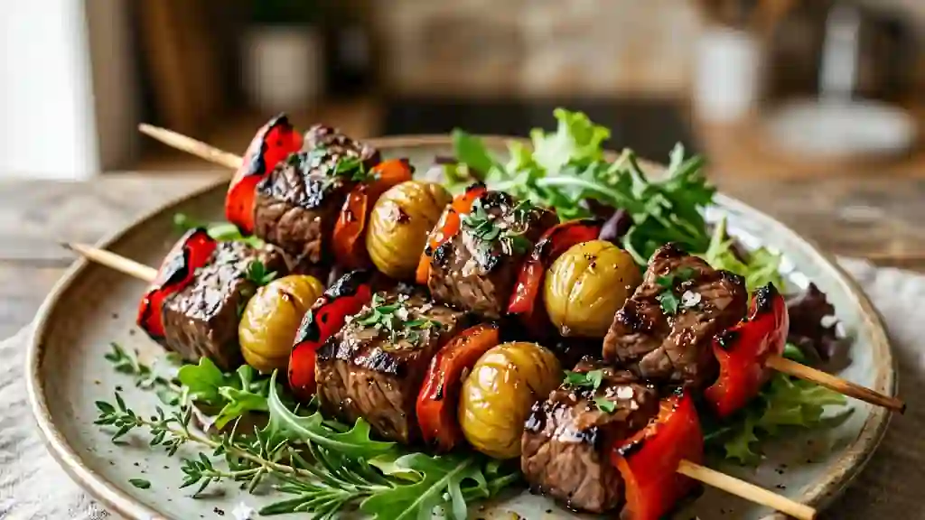 Brochettes de bœuf fondantes miel et marrons - Photo de présentation