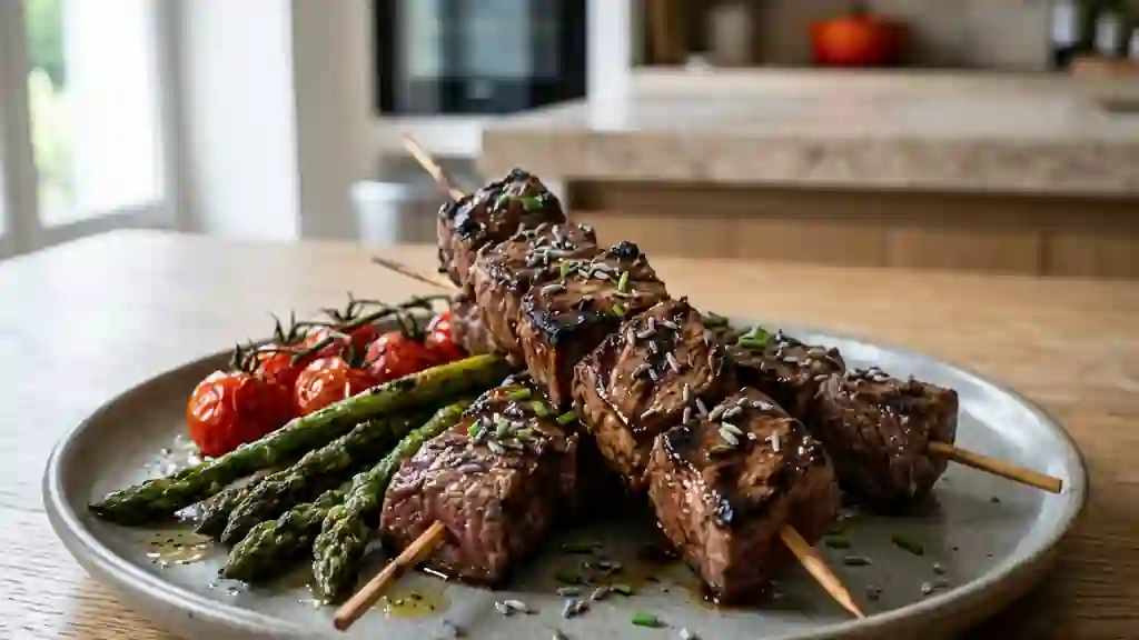 Brochettes de bœuf laquées soja et lavande - Photo de présentation