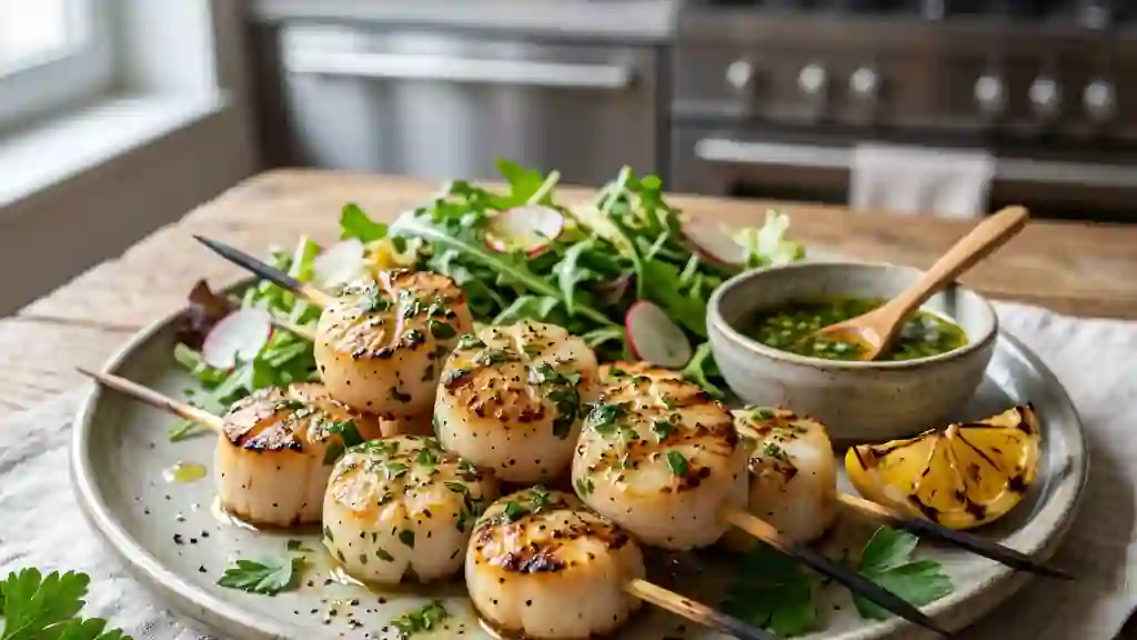 Saint-Jacques grillées, marinade ail et persil - Photo de présentation