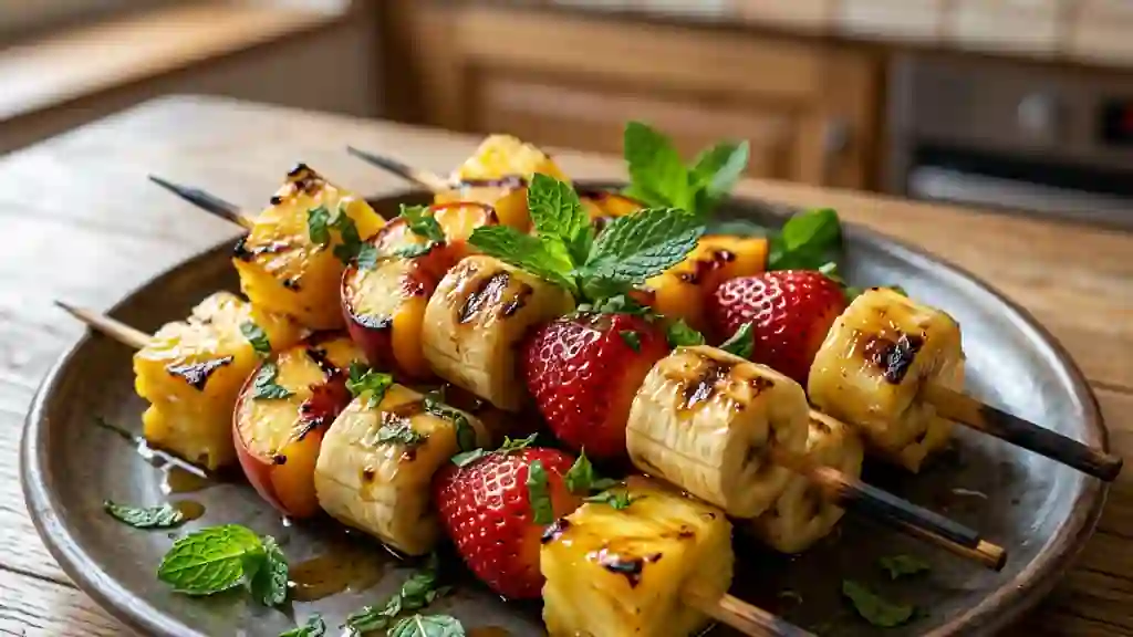 Brochettes de fruits caramélisées miel et menthe - Photo de présentation