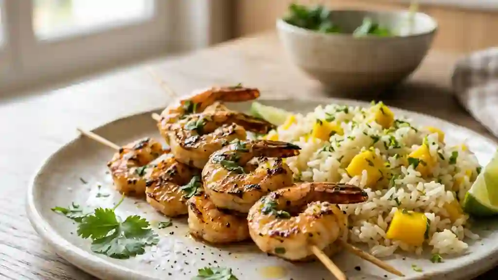 Gambas grillées au gingembre et riz mangue - Photo de présentation