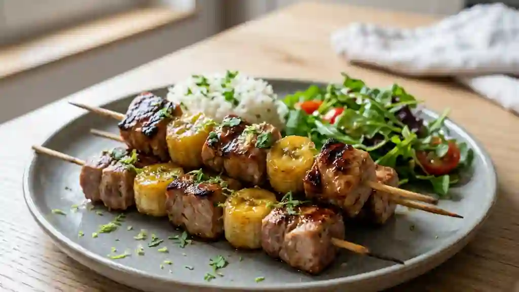 Brochettes de porc laquées et bananes fondantes - Photo de présentation