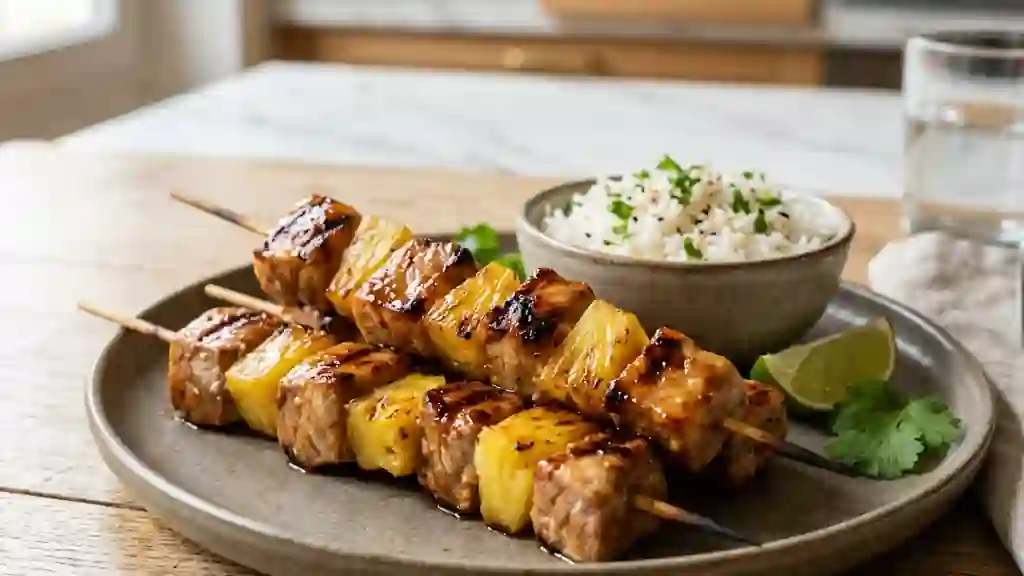 Brochettes de porc laquées à l'ananas - Photo de présentation