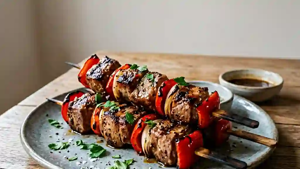 Brochettes de porc laquées au miel et soja - Photo de présentation