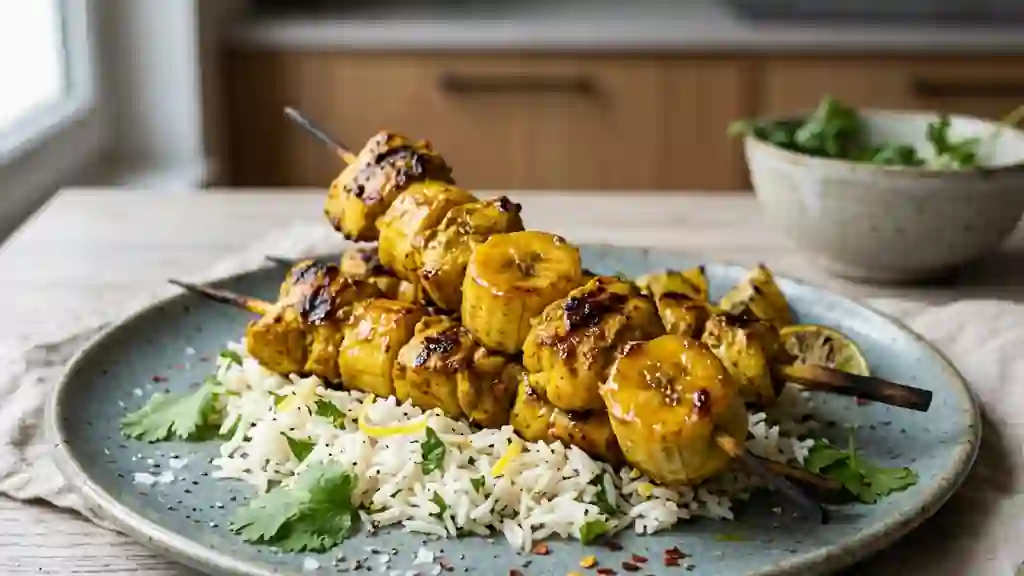 Brochettes de poulet au curry et bananes fondues - Photo de présentation