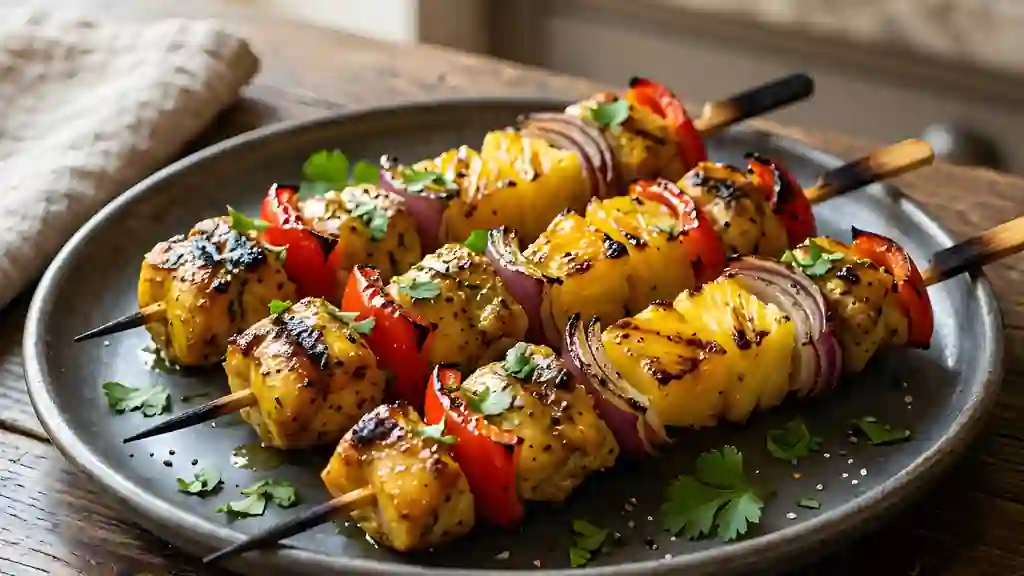 Brochettes de poulet curry-ananas caramélisées - Photo de présentation