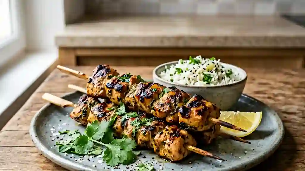 Brochettes de poulet tendres au yaourt et coriandre - Photo de présentation