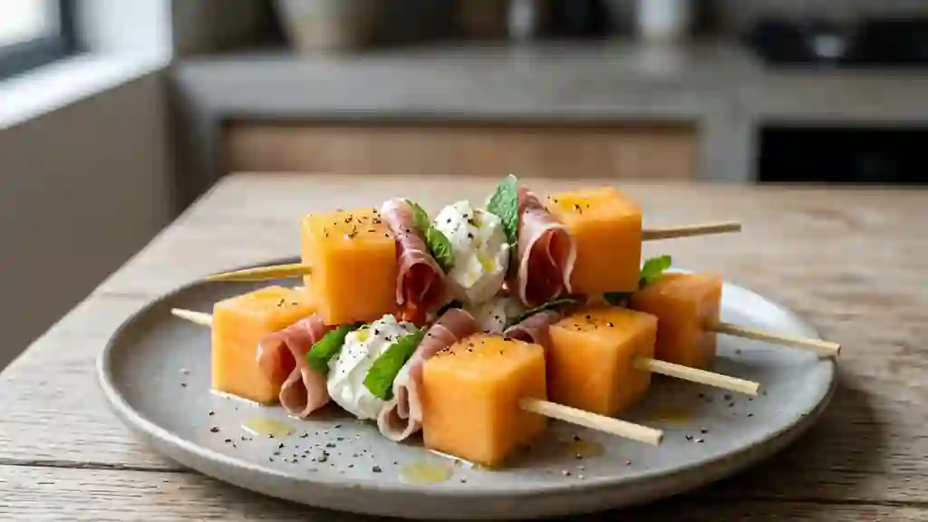 Brochettes melon-jambon, cœur frais et menthe - Photo de présentation