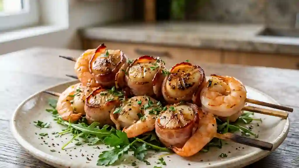 Saint-Jacques et crevettes au bacon croustillant - Photo de présentation