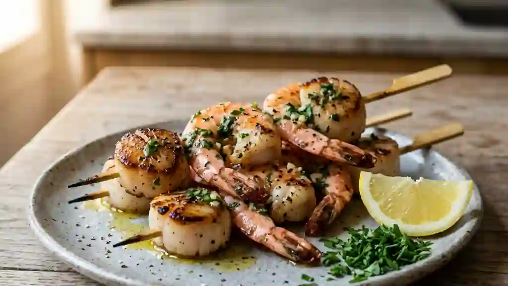 Saint-Jacques et gambas snackées à l'ail - Photo de présentation