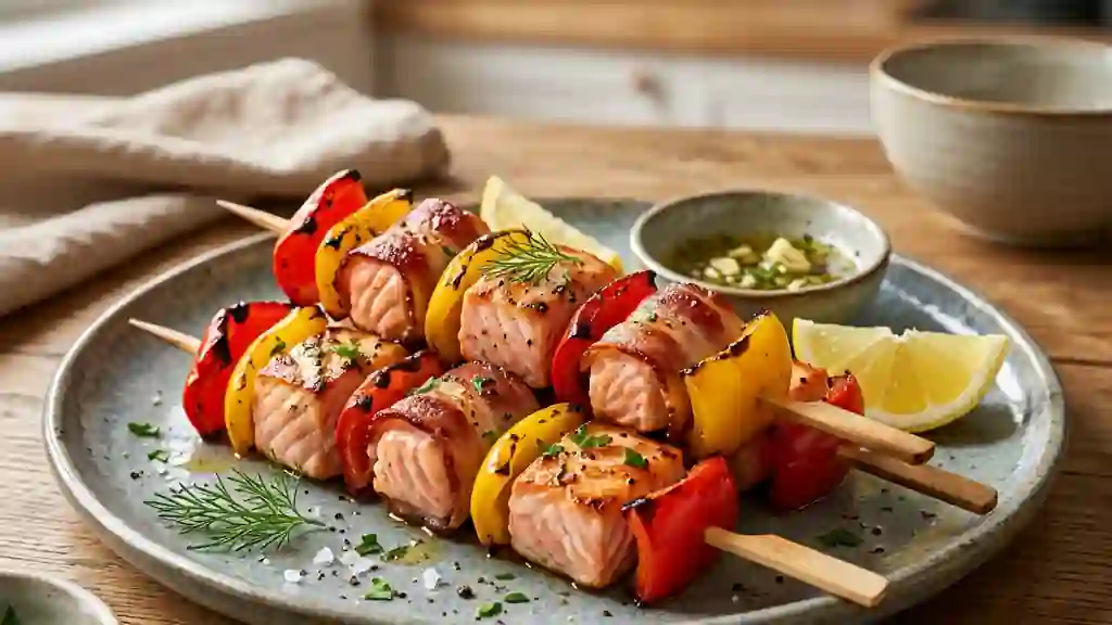 Brochettes de saumon fumées au lard et poivrons - Photo de présentation