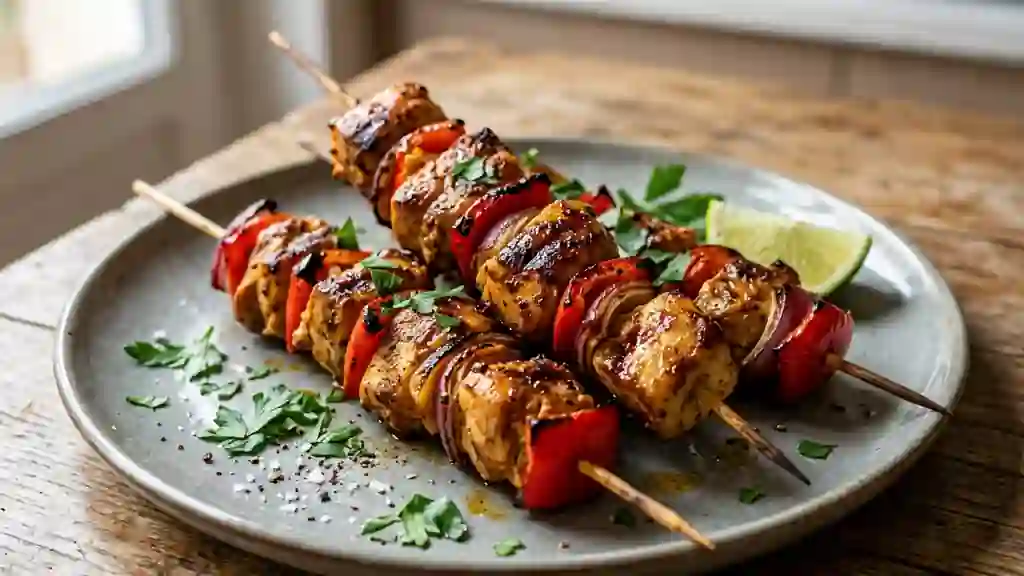 Brochettes de poulet grillées au cumin et paprika - Photo de présentation