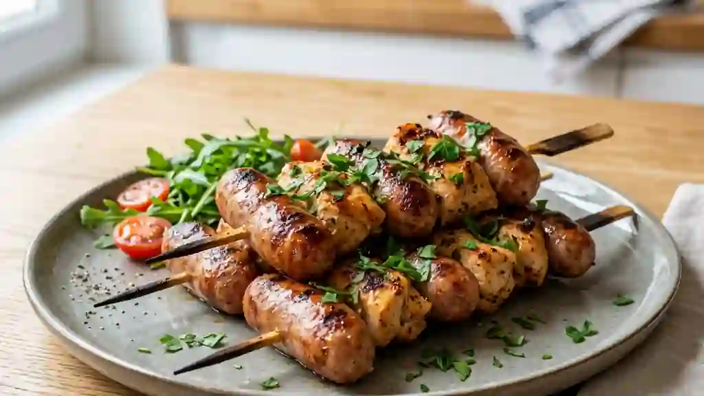 Brochettes grillées chipolatas et poulet citronné - Photo de présentation