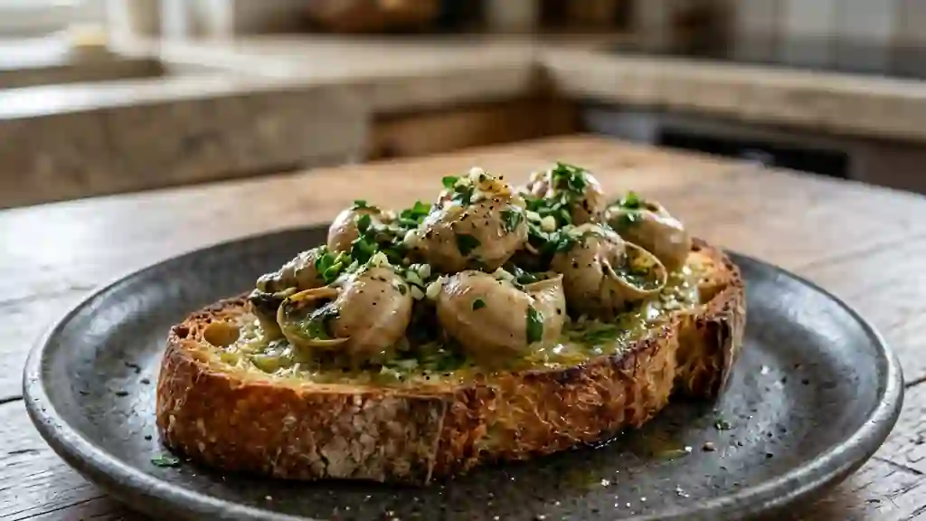 Bruschetta croustillante aux escargots persillés - Photo de présentation