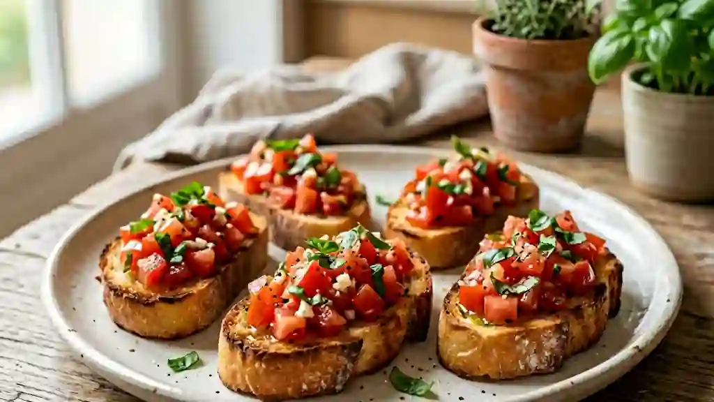 Bruschetta croquante tomate et basilic frais - Photo de présentation