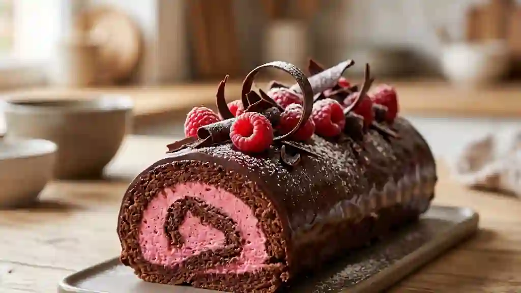 Bûche Fondante Chocolat et Mousse Framboise - Photo de présentation