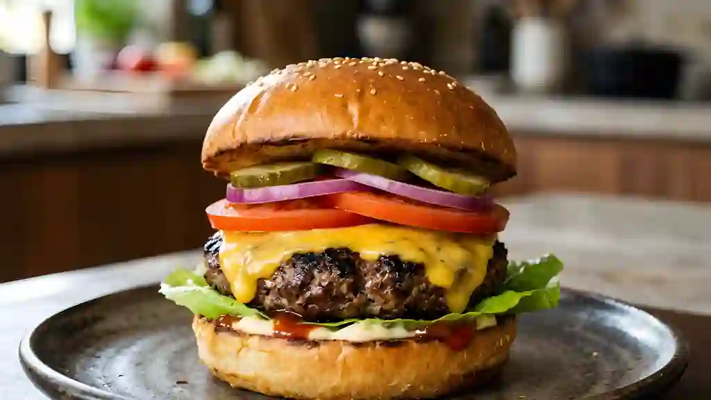 Burger grillé au cheddar fondant - Photo de présentation
