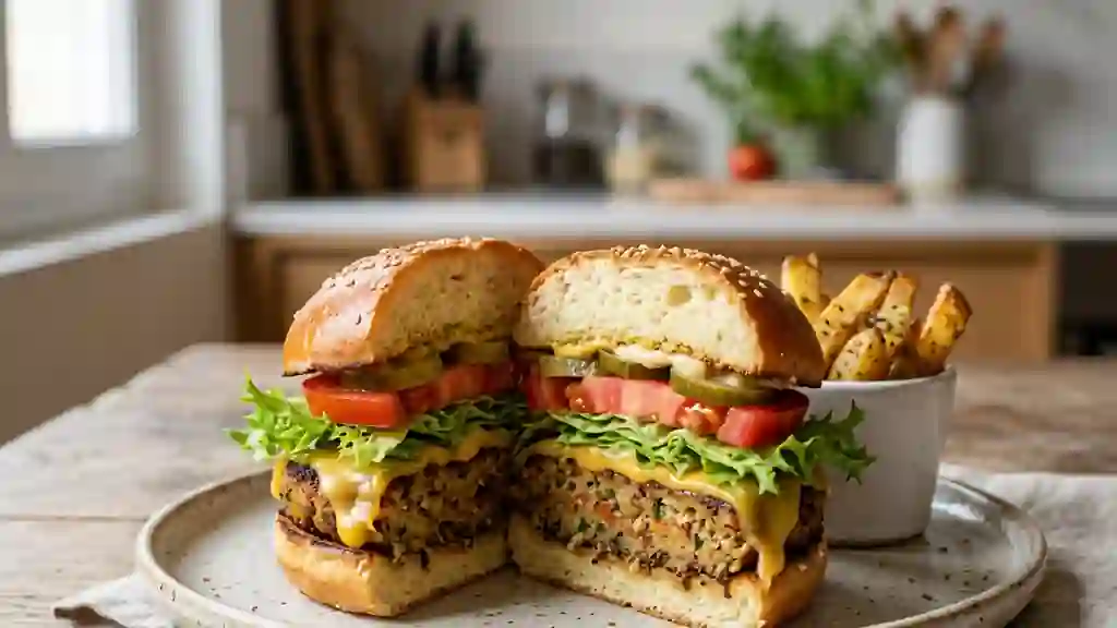 Burger Végé au Cheddar Fondant et Crudités - Photo de présentation