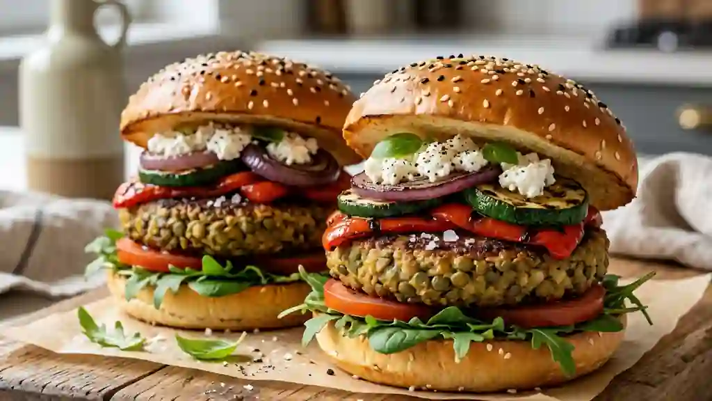 Burger de lentilles et légumes grillés - Photo de présentation