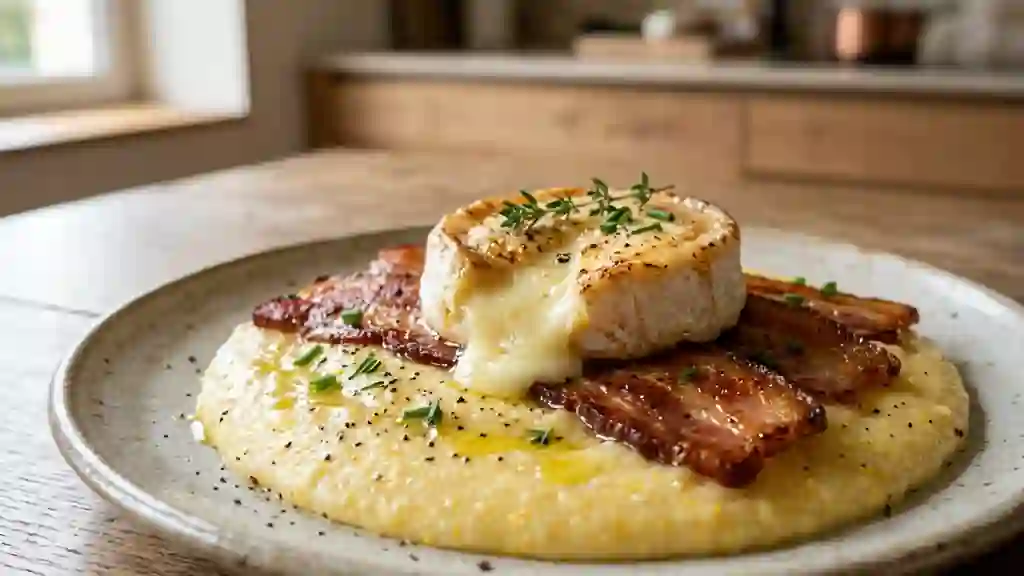 Cabécou fondant au lard sur polenta crémeuse - Photo de présentation