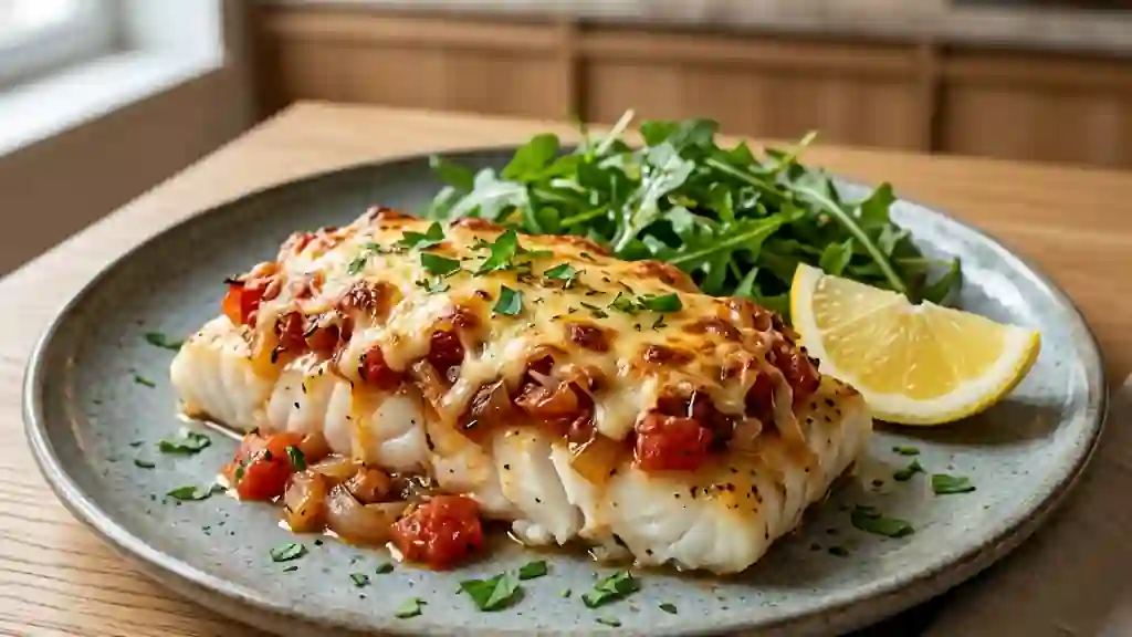 Cabillaud fondant gratiné à la tomate - Photo de présentation