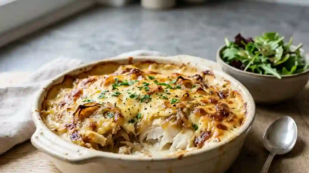 Cabillaud fondant gratiné aux oignons confits - Photo de présentation