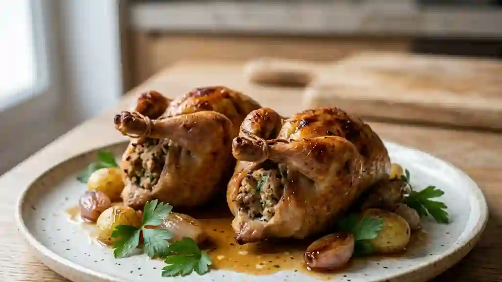 Cailles farcies dorées au four, cœur fondant - Photo de présentation