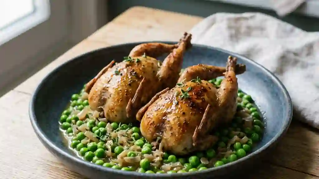 Cailles braisées au vin blanc et petits pois - Photo de présentation