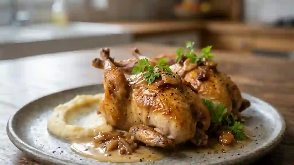 Cailles rôties au foie gras fondu - Photo de présentation