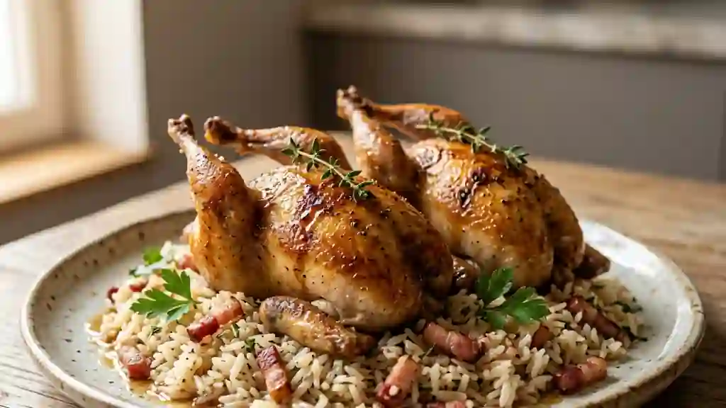 Cailles rôties au thym et riz pilaf fumé - Photo de présentation