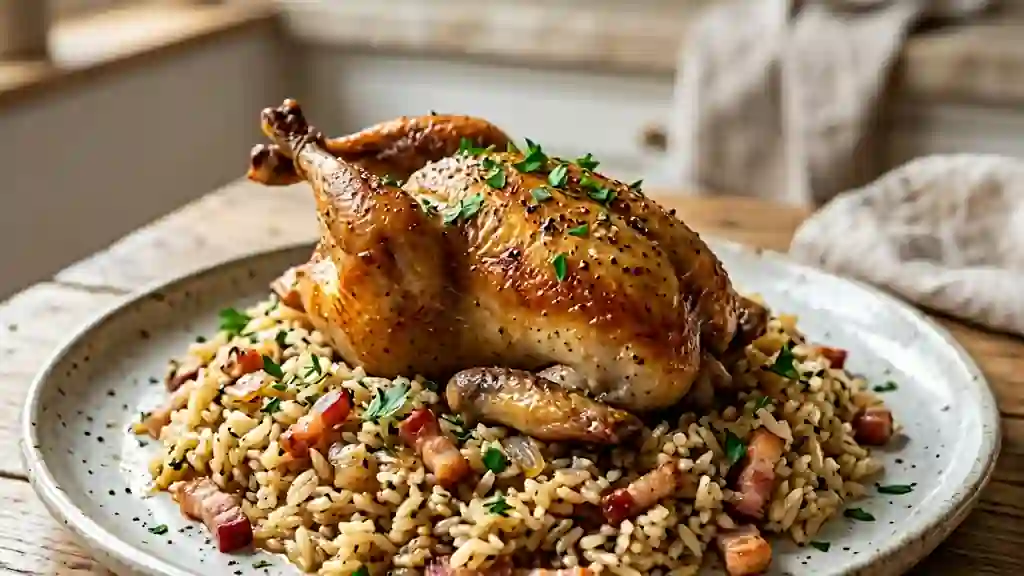 Cailles dorées et riz fondant au lard - Photo de présentation